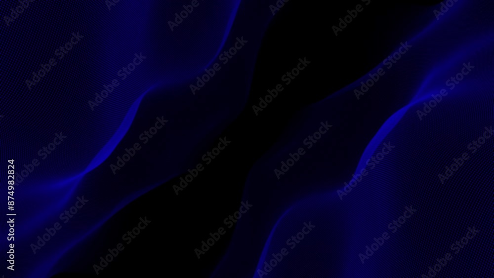 Blue color hi-tech particles slowly moving in cyberspace forming loop able wave pattern on black background