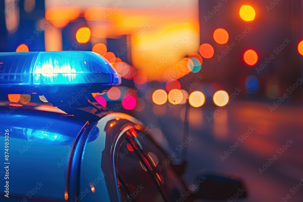 Close-up of blue flashing lights on a police car during sunset with blurred background Close-up of blue flashing lights on a police car during sunset with blurred background