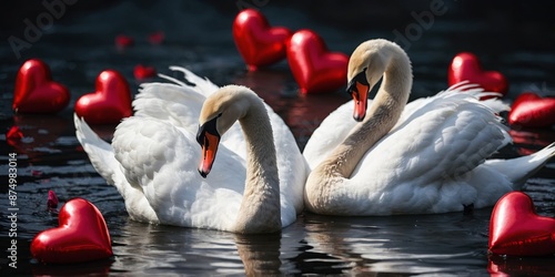 Couple of white swans and red hearts for valentine's day. photo