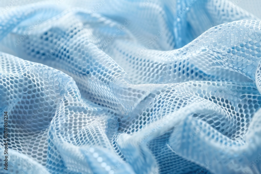 light blue, perforated fabric with a mesh texture, creating a wavy, abstract pattern and highlighting material light blue, perforated fabric with a mesh texture, creating a wavy, abstract pattern and highlighting material