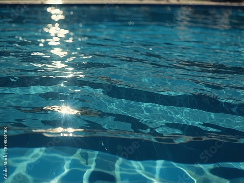 blue swimming pool water surface background reflecting summer sun light.