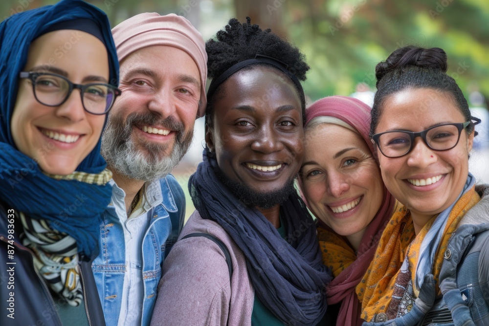 portrait of five individuals from diverse backgrounds smiling warmly at the camera, showcasing joy and unity portrait of five individuals from diverse backgrounds smiling warmly at the camera, showcasing joy and unity