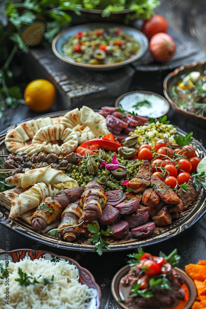 Flavorful Middle Eastern Mezze Platter, Exotic, Diverse, Shareable, Cultural Experience, Traditional Flavorful Middle Eastern Mezze Platter, Exotic, Diverse, Shareable, Cultural Experience, Traditional
