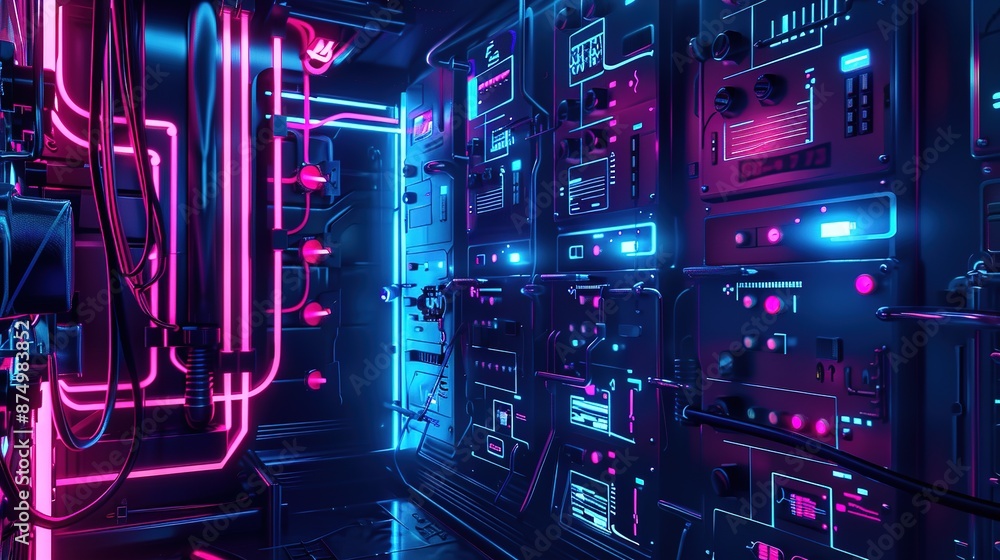 Futuristic Dark Room with Electrical Wires, Control Panels, and Hazard Slots in Blue and Pink Futuristic Dark Room with Electrical Wires, Control Panels, and Hazard Slots in Blue and Pink