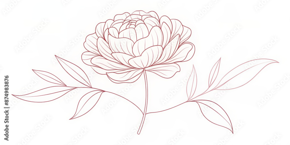 Delicate one-line art drawing of a blooming peony flower with intricate petals, leaves, and stem in a stylized vector illustration. Delicate one-line art drawing of a blooming peony flower with intricate petals, leaves, and stem in a stylized vector illustration.
