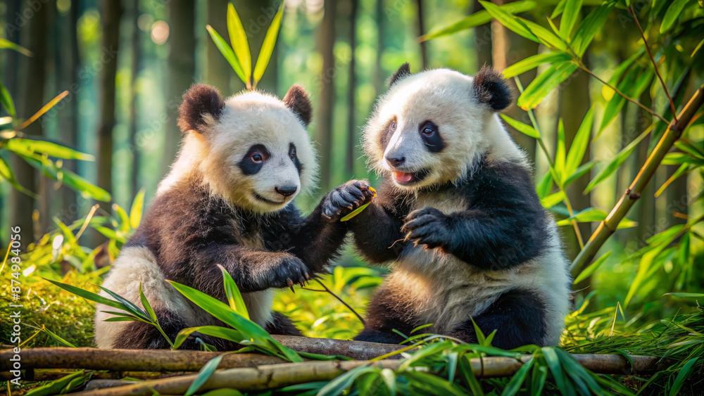 Obraz premium Adorable twin baby pandas tumble and somersault in a lush green bamboo forest, their soft fur and cuddly bodies a heartwarming spectacle of innocence and play.