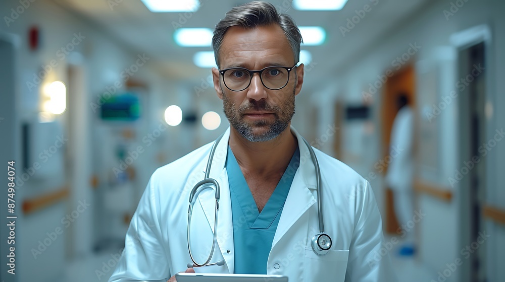Full shot of a doctor holding a tablet with medical data, white lab coat, standing in a bright hospital hallway, warm lighting, professional demeanor, medical monitors around, cinematic feel, Full shot of a doctor holding a tablet with medical data, white lab coat, standing in a bright hospital hallway, warm lighting, professional demeanor, medical monitors around, cinematic feel,