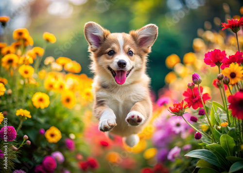 Adorable puppy in mid-air, surrounded by vibrant flowers, showcases unbridled joy with tongue out and ears flapping, frozen in a carefree playful leap. photo