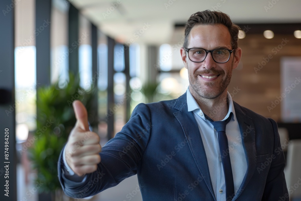 Confident businessman in a suit and glasses giving a thumbs up and smiling in a modern office environment Confident businessman in a suit and glasses giving a thumbs up and smiling in a modern office environment
