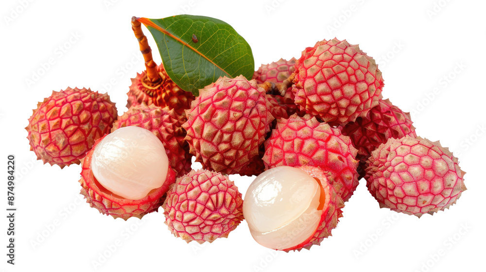 Sweet lychees isolated on white background, whole and peeled Sweet lychees isolated on white background, whole and peeled