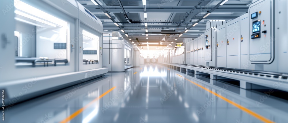 Fototapeta premium Futuristic Factory Floor with Advanced Machinery Producing Components