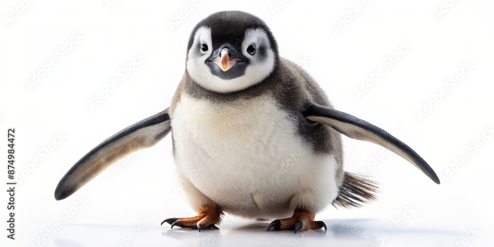 Obraz premium Adorable penguin waddles playfully across a pristine white background, its tuxedo-like feathers and endearing expression radiating innocence and joy, capturing hearts with effortless charm.