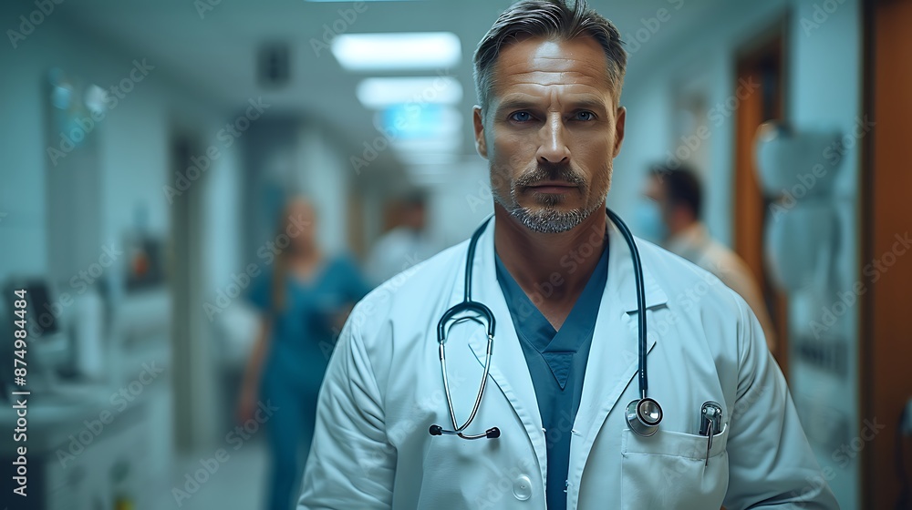 Full shot of a doctor in a bright hospital corridor, walking confidently with a clipboard, white lab coat, stethoscope around neck, background with medical staff and patients, soft natural light, Full shot of a doctor in a bright hospital corridor, walking confidently with a clipboard, white lab coat, stethoscope around neck, background with medical staff and patients, soft natural light,