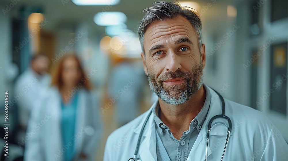 Full shot of a doctor in a bright hospital corridor, walking confidently with a clipboard, white lab coat, stethoscope around neck, background with medical staff and patients, soft natural light, Full shot of a doctor in a bright hospital corridor, walking confidently with a clipboard, white lab coat, stethoscope around neck, background with medical staff and patients, soft natural light,