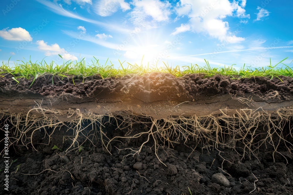 soil with green grass and roots showing the upper layers of earth and ...