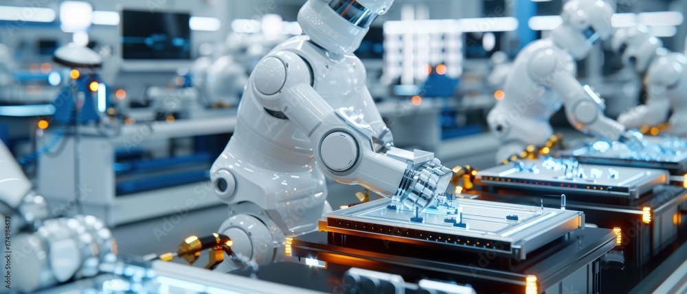 Advanced Manufacturing Facility with Automated Systems and Workers Assembling Components Advanced Manufacturing Facility with Automated Systems and Workers Assembling Components