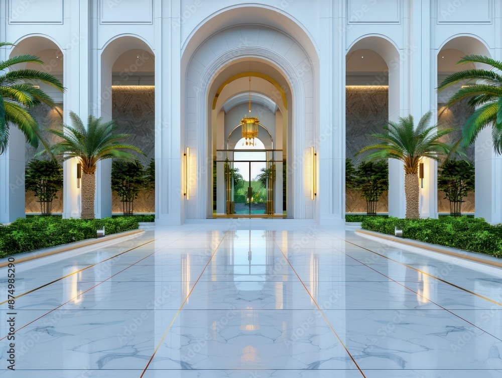 Fototapeta premium Modern Luxury Villa with Grand Entrance A Stunning Architectural Masterpiece in Dubai, Impressively Designed with Lush Gardens and Elegant Marble Flooring