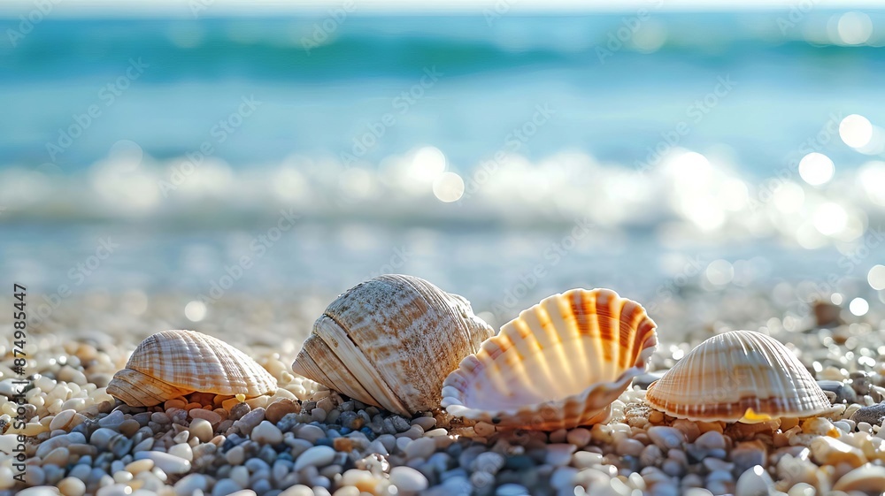 Beautiful seashells on the seashore. selective focus. Generative AI, Beautiful seashells on the seashore. selective focus. Generative AI,