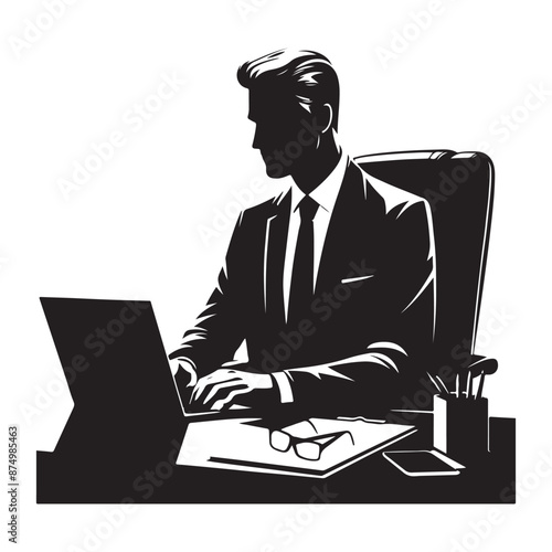 Successful mature businessman at work with laptop inside office vector black color silhouette