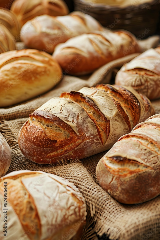 Freshly Baked Artisan Bread Display, Crusty, Aromatic, Golden Brown, Rustic, Bakery-themed background Freshly Baked Artisan Bread Display, Crusty, Aromatic, Golden Brown, Rustic, Bakery-themed background