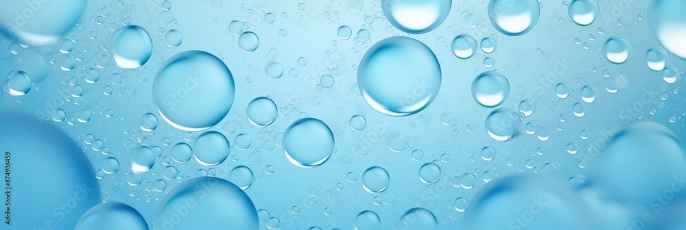 Close-up view of blue water bubbles floating in a clear liquid with a blue background. Close-up view of blue water bubbles floating in a clear liquid with a blue background.