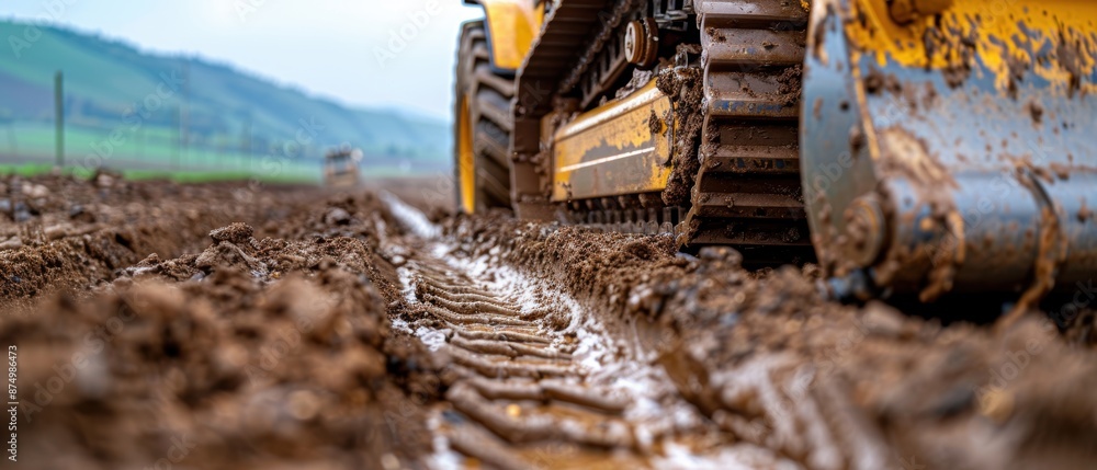 Fototapeta premium Grader Machine at Work: Smoothing Dirt Road at Construction Site