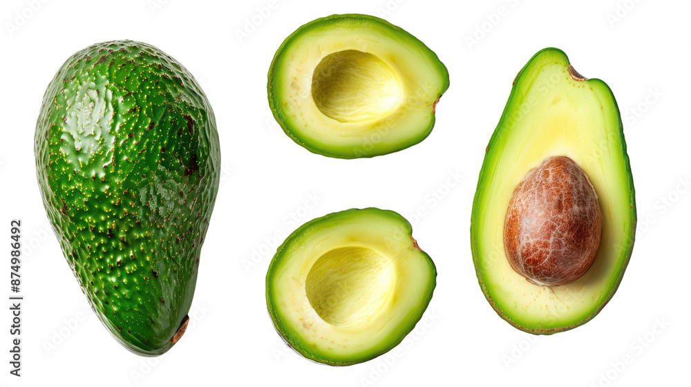 Whole and sliced avocados, showing their green flesh and pit, on a clean white backdrop Whole and sliced avocados, showing their green flesh and pit, on a clean white backdrop