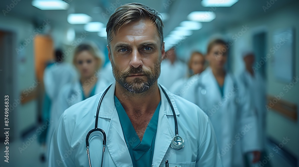 Full shot of a doctor with a team of healthcare professionals in a hospital hallway, wearing white lab coats, stethoscopes, bright overhead lighting, medical equipment around, Full shot of a doctor with a team of healthcare professionals in a hospital hallway, wearing white lab coats, stethoscopes, bright overhead lighting, medical equipment around,