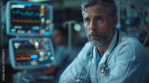 Realistic and cinematic image of a doctor by a hospital bed, checking on a patient, white lab coat, stethoscope, medical monitors and IV stand, natural light from window, concerned expression,