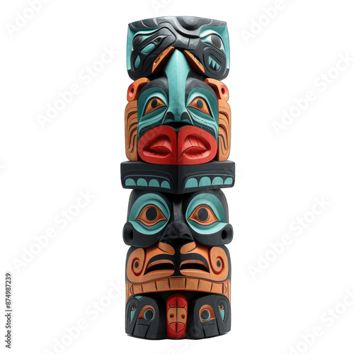 hawaiian tribal totems with tiki masks on poles