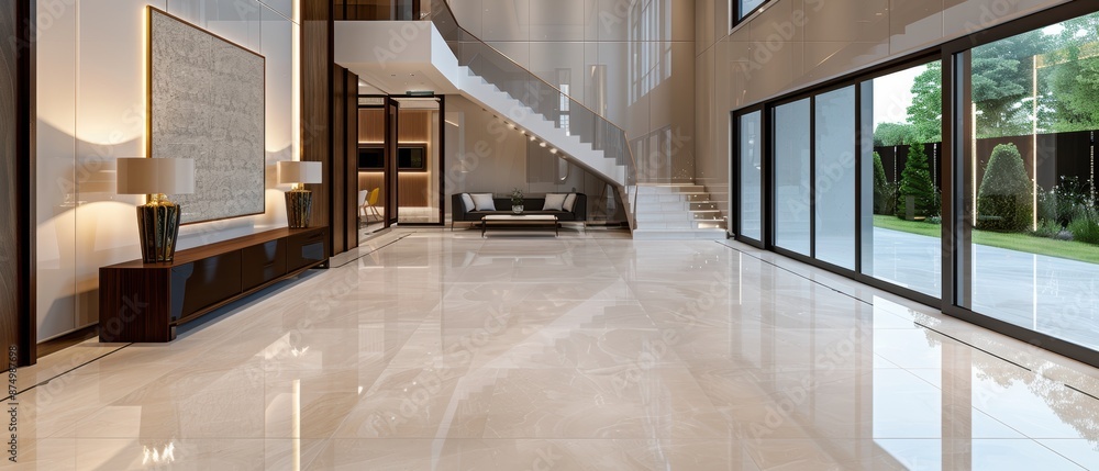 Obraz premium Modern Elegance: Luxurious Foyer with Grand Staircase and Contemporary Decor