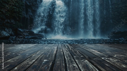 A Dark Wooden Surface Set Against The Backdrop Of A Waterfall