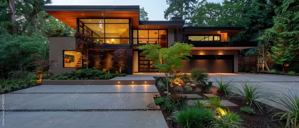 Elegant Modern House Exterior with Stylish Driveway and Pristine Landscaping Elegant Modern House Exterior with Stylish Driveway and Pristine Landscaping