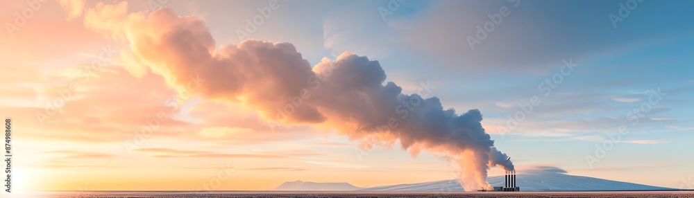 Fototapeta premium A plume of smoke billows from a factory into the sky, creating a colorful and dramatic scene.