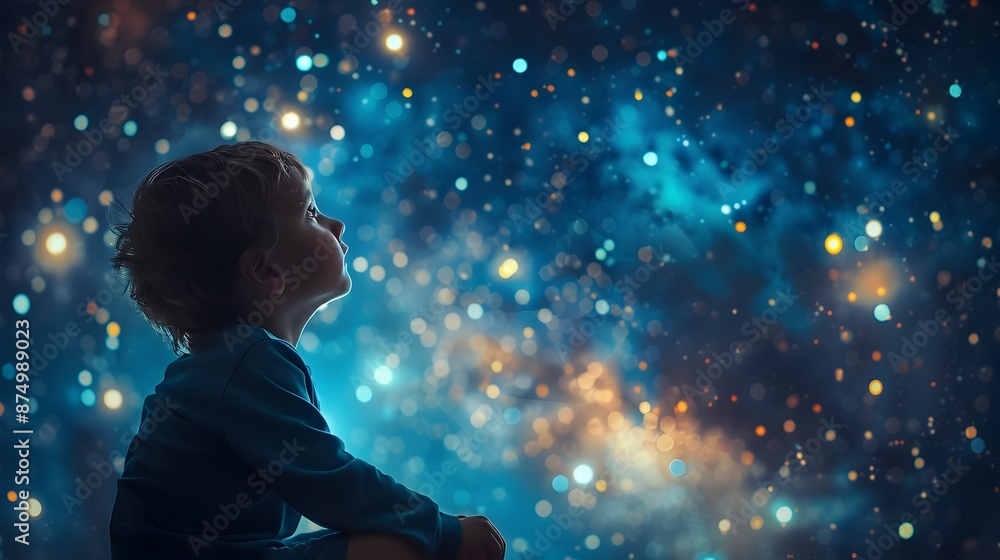 Child Gazing in Wonder at the Starry Night Sky Filled with Curiosity and Doubt About the Vast Unknown Child Gazing in Wonder at the Starry Night Sky Filled with Curiosity and Doubt About the Vast Unknown