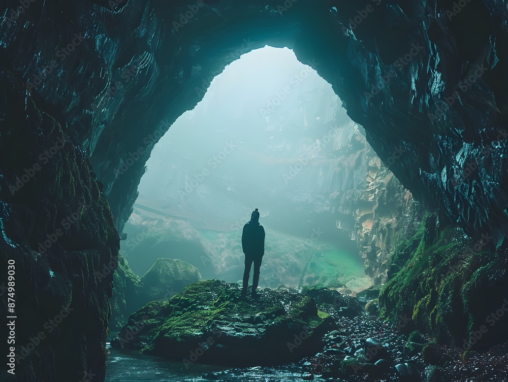 Fototapeta premium Solitary Explorer at the Entrance of a Mysterious Dark Cave Confronting Curiosity and Doubt