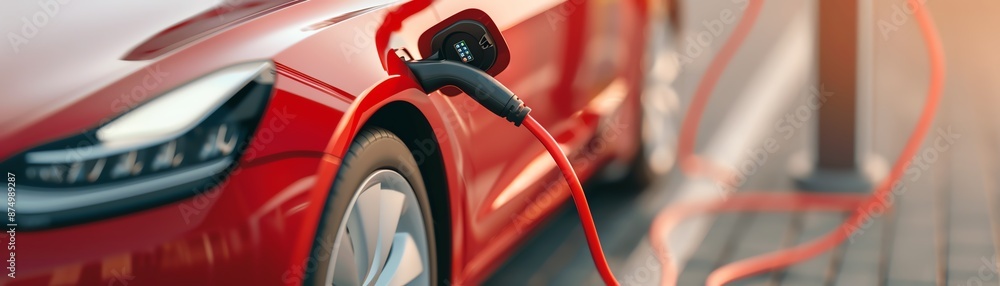A red electric car is being charged at a charging station. The car is plugged into the charger, and the charging cable is visible. A red electric car is being charged at a charging station. The car is plugged into the charger, and the charging cable is visible.