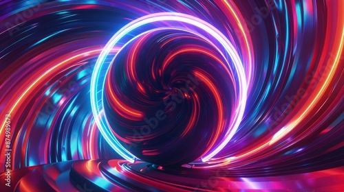 Fototapeta Naklejka Na Ścianę i Meble -  Futuristic neon swirl tunnel with glowing lights in vibrant abstract motion.