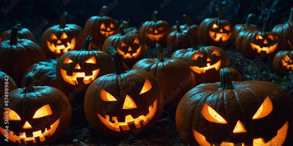 Jack O' Lanterns Glowing In Fantasy Night Halloween Background. Jack O' Lanterns Glowing In Fantasy Night Halloween Background.