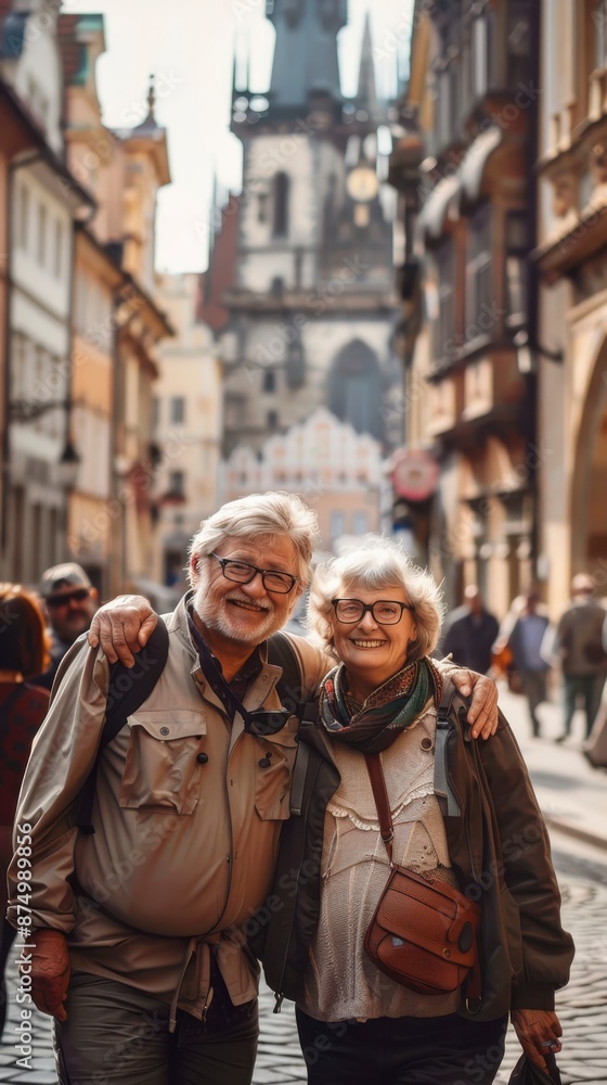 Caucasian retired couple traveling in a historic city at sunset Caucasian retired couple traveling in a historic city at sunset