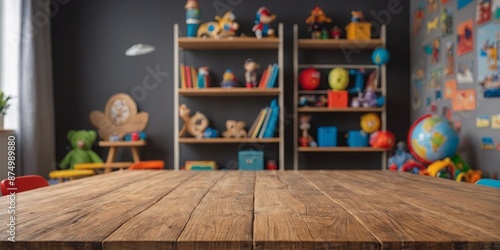 Empty wooden table top and blurred kids room interior on the background Copy space for your object, product, toy presentation Display, promotion, advertising.