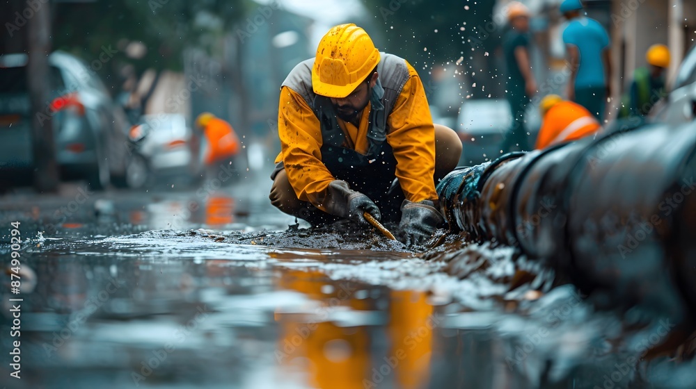Workers Repairing a Burst Water Pipe on a Rainy Day Workers Repairing a Burst Water Pipe on a Rainy Day