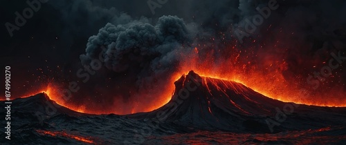 A powerful interaction of jet black and fiery red waves, creating a dramatic visual that mimics the raw energy and beauty of a volcanic eruption. photo