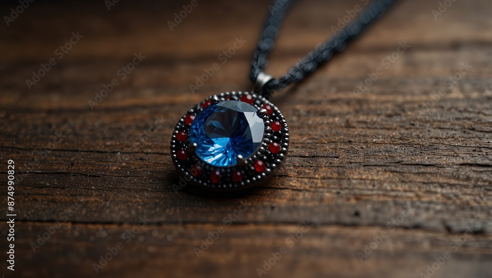A sophisticated pendant with a radiant blue gemstone, encircled by tiny red and black beads, rests on a polished wooden surface. A sophisticated pendant with a radiant blue gemstone, encircled by tiny red and black beads, rests on a polished wooden surface.