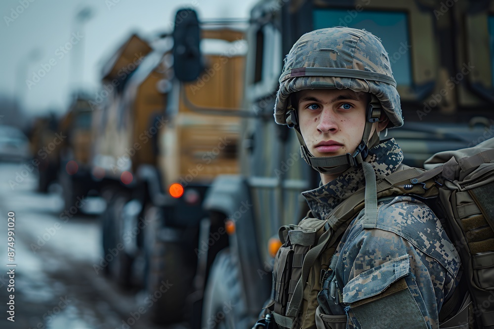 Soldier in Full Gear Standing in Front of Military Vehicles on a Snowy Day Soldier in Full Gear Standing in Front of Military Vehicles on a Snowy Day