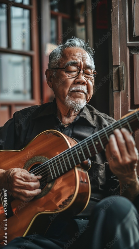 Obraz premium asian retired man playing the guitar on his porch