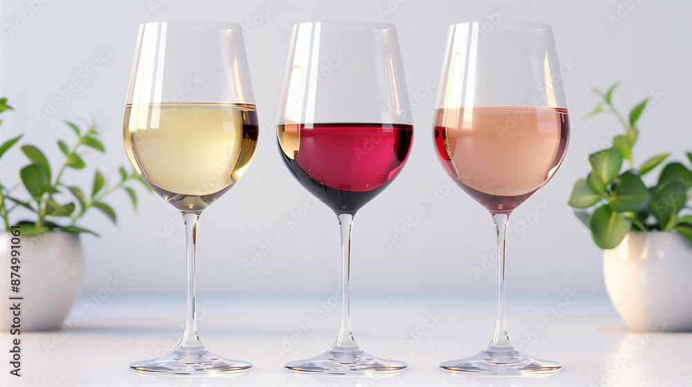 Elegant Wine Glasses. Home Beverage Setup with Red White and Rosé Wine Elegant Wine Glasses. Home Beverage Setup with Red White and Rosé Wine
