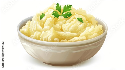A bowl of mashed potatoes, Thanksgiving side dish, digital illustration, creamy hues, isolated on white background
