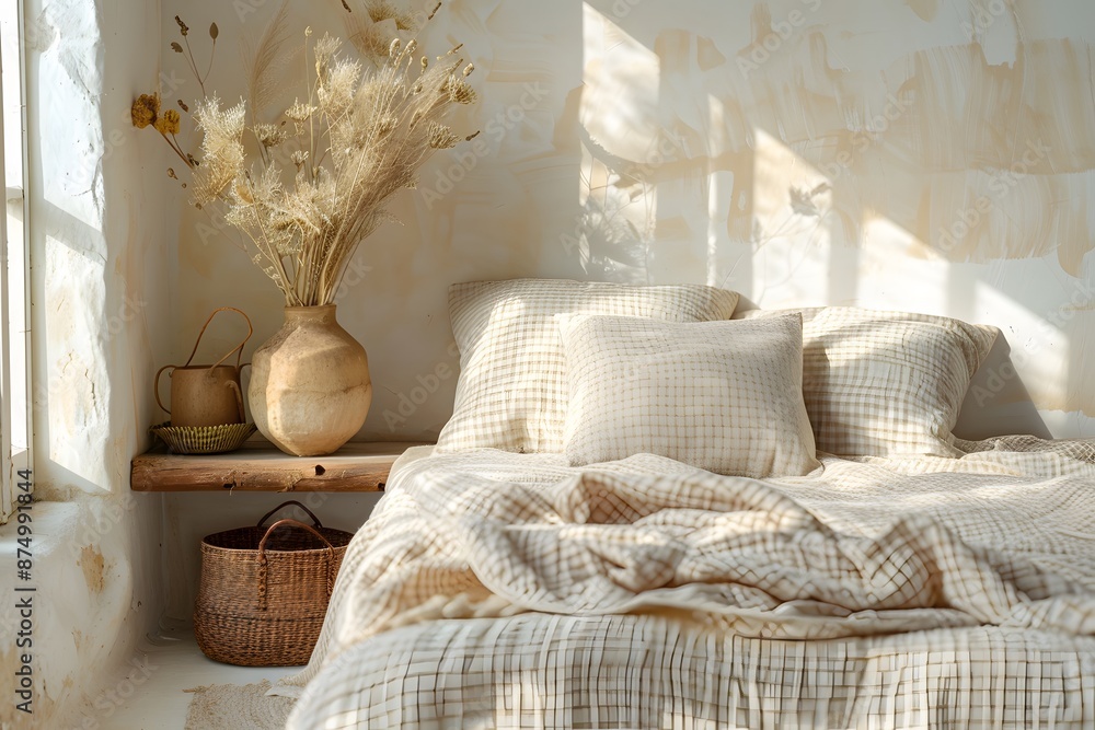 Cozy Sunlit Bedroom with Rustic Decor and Neutral Tones Cozy Sunlit Bedroom with Rustic Decor and Neutral Tones