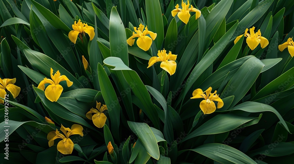 In Vitoria, Spain, a burst of yellow irises with lush green leaves paint a vibrant springtime display. In Vitoria, Spain, a burst of yellow irises with lush green leaves paint a vibrant springtime display.